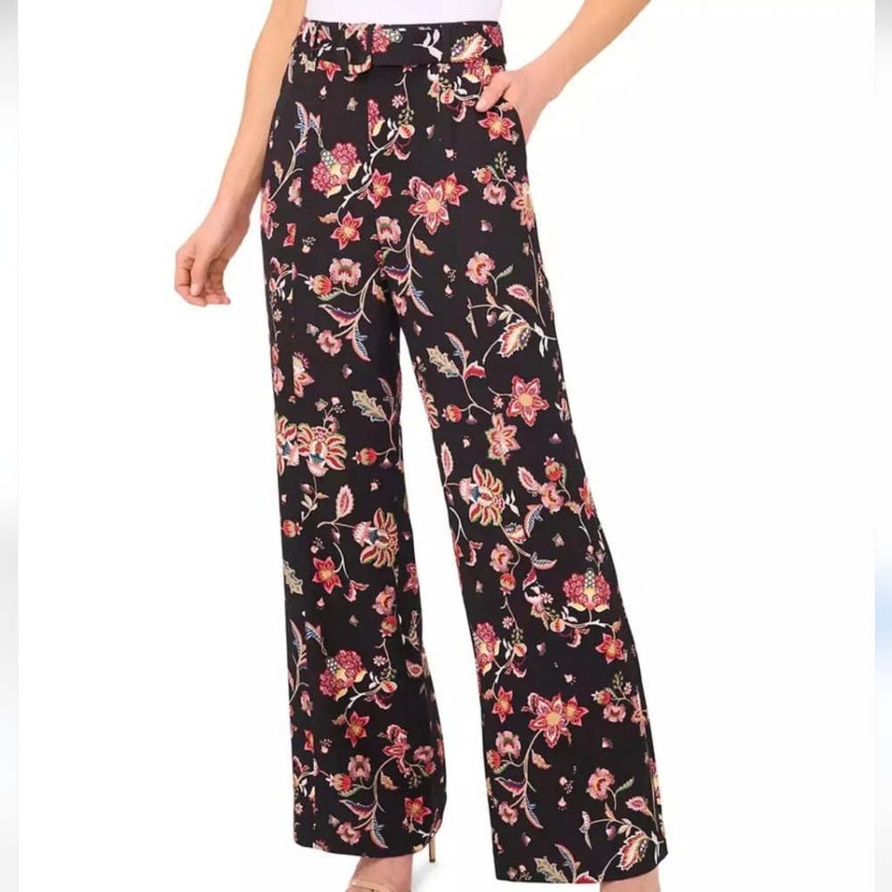CeCe Black Floral Wide Leg Pants